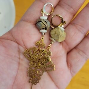 Handcrafted Jasper Shell Seed Bead Dangle Earrings Unalone Lotus Flower 3.25"